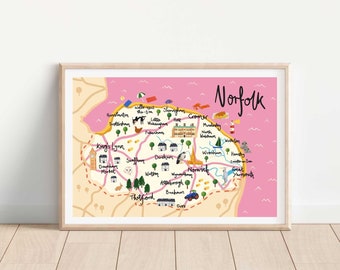 Illustrated Map of Norfolk, UK Print | Map Art Print | A6, A5, A4 or A3 Print