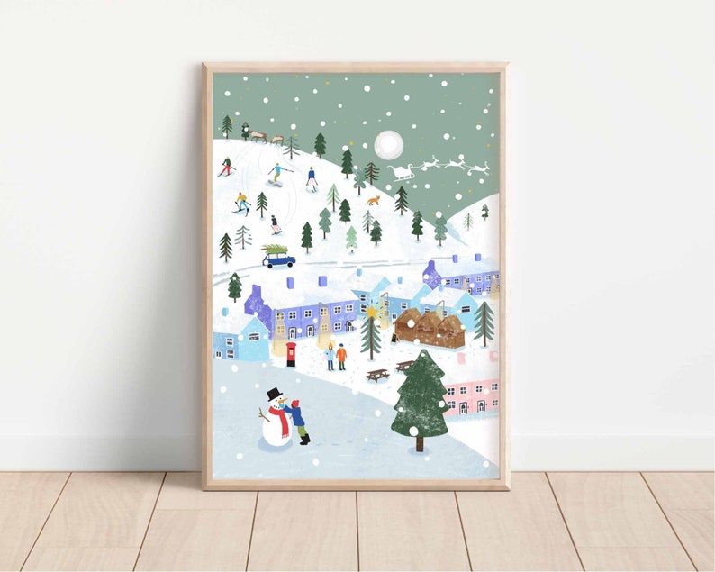Wintery Snowy Scene Print  Christmas Illustration Wall Art image 1