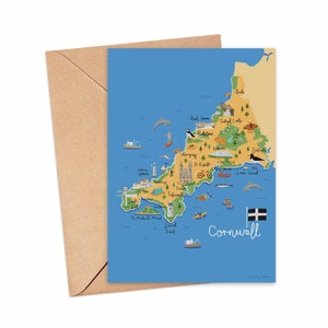 Cornwall Map Greeting Card, Illustrated Map, Map Illustration, Travel Art, Blank Card | A6