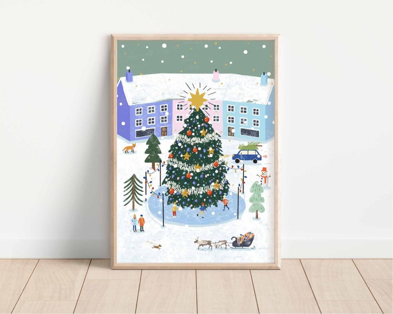 Wintery Snowy Scene Print Christmas Illustration Wall Art image 1