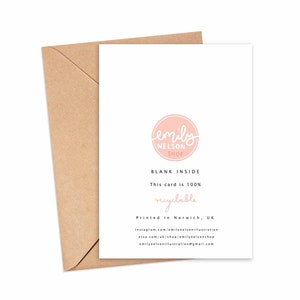 May include: A white card with a pink circle logo that says "emily NELSON SHOP". The card says "BLANK INSIDE This card is 100% recyclable Printed in Norwich, UK" and includes contact information for the shop.