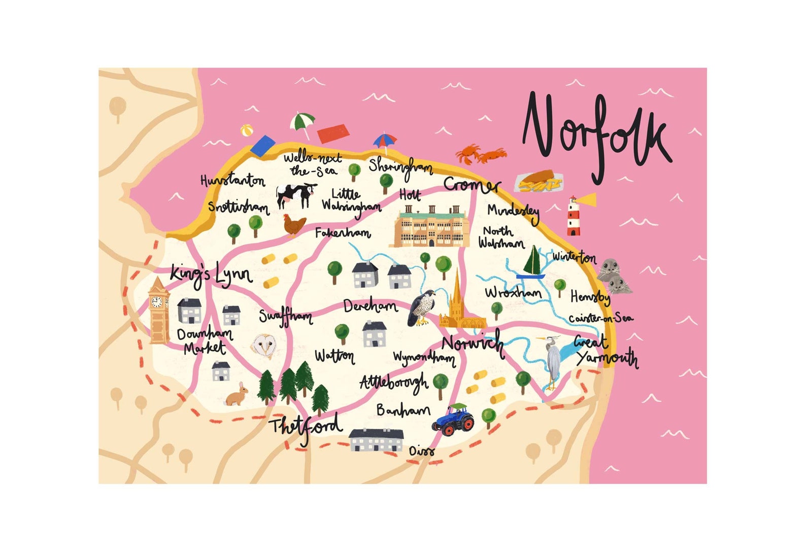 Illustrated Map of Norfolk UK Print Map Art Print A5 A4 | Etsy