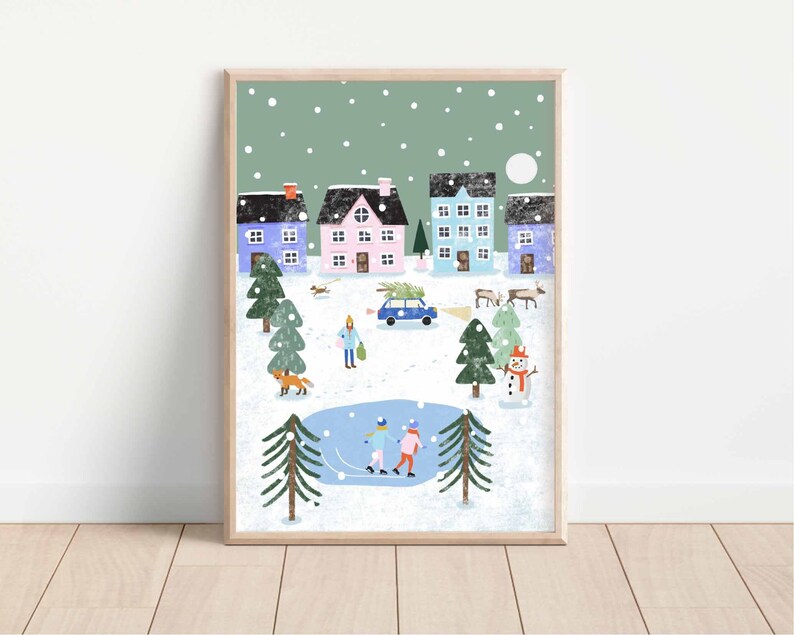 Wintery Snowy Scene Print Christmas Illustration Wall Art image 1