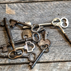 May include: A collection of antique keys with various designs and finishes, including brass, silver, and iron, arranged on a weathered wooden surface.