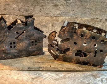 Vintage Tin Candleholders: Cabin & Bear Scene, Country Style Pair