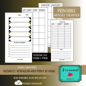 Personal Size Filofax Planner inserts, monthly CALENDAR, dates not added, can be used for any year or month, yearly calendar 2018, A5