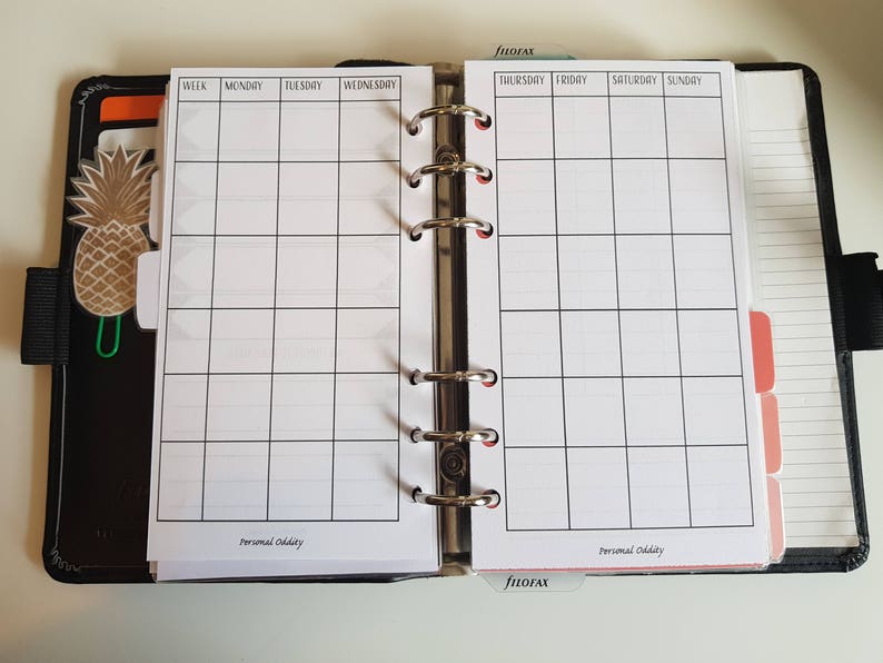 Personal Size Filofax Planner Inserts, Monthly CALENDAR, Dates Not
