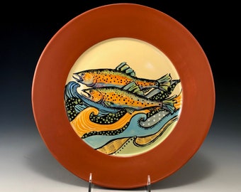 handmade pottery trout fish plate dianeartistpotter fly fishing gift fisherman gift, wild fish, ,dianedemerssmith, trout items, fish stuff,