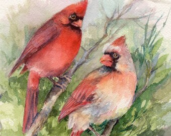 May include: Watercolor painting of two red cardinals perched on a branch. The cardinal on the left is a bright red, while the cardinal on the right is a lighter shade of red with a gray breast. The painting is signed "Diane" in the bottom right corner.