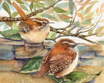 May include: Watercolor painting of two brown birds perched on a branch. The birds have brown and white feathers and are facing different directions. The background is a watercolor wash of green and brown.
