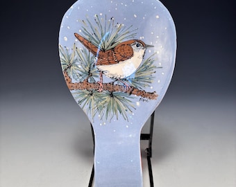 Handmade ceramic spoon rest- hand painted bird design- large size holds soup ladles, wood spoons / utensils. For the cook who loves birds!