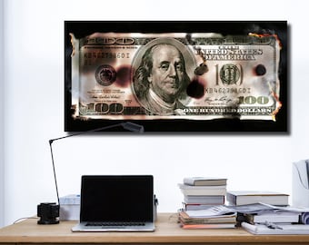 May include: A hundred dollar bill is on fire with bullet holes in it. The bill is partially burned and has smoke coming from it. The bill is on a black background.