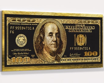 May include: A gold-toned $100 bill with a black background. The bill features a portrait of Benjamin Franklin and the text "UNITED STATES OF AMERICA" and "ONE HUNDRED DOLLARS".