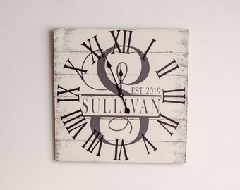 Large White Square Clock, 24" or 35" Oversized Monogram Clock, Unique Wall Clock, Pallet Wall Clock, Farmhouse Clock, Painted Clock