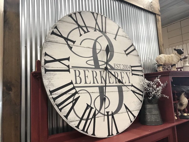 Large Personalized Wall Clock Painted Monogram Farmhouse Etsy