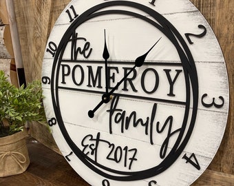 Black and White Family Wall Clock, 20"or 24"D, Wedding Wall Clock, Fifth Anniversary Wood Clock, Wood, Painted, Anniversary or Wedding Gift