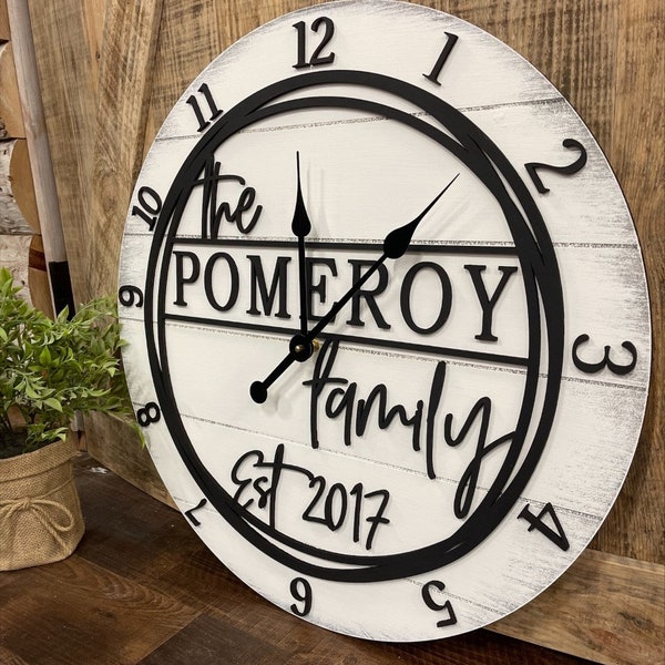 Black and White Family Wall Clock, 20"or 24"D, Wedding Wall Clock, Fifth Anniversary Wood Clock, Wood, Painted, Anniversary or Wedding Gift