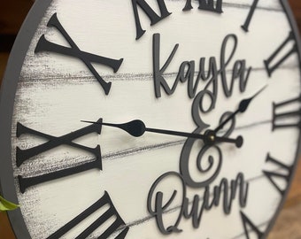 First Names Wall Clock, 20"or 24"D, Wedding Wall Clock, Fifth Anniversary Wood Clock, Wood, Painted, Anniversary or Wedding Gift