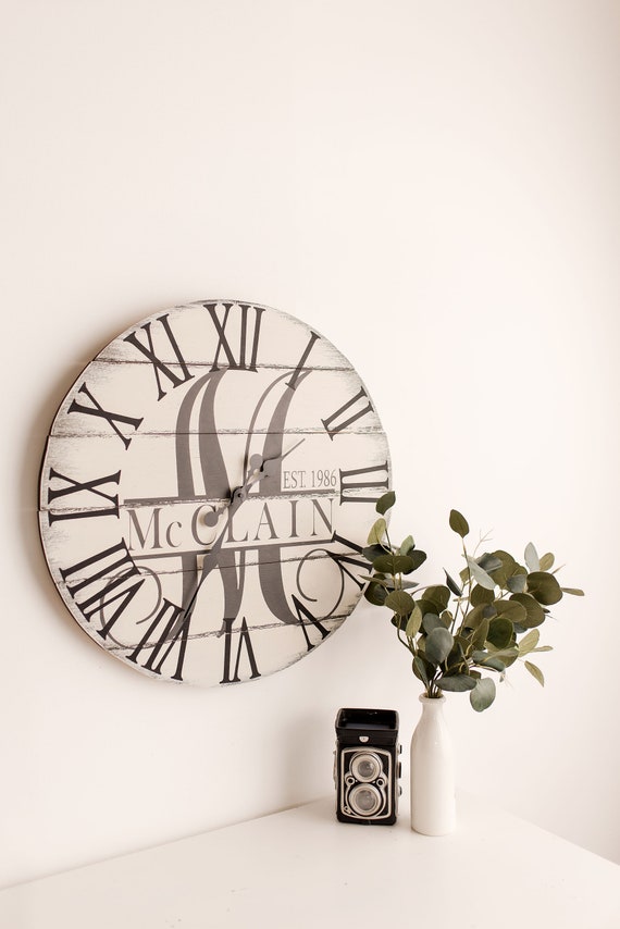 Large Personalized Wall Clock Painted Monogram Farmhouse Etsy