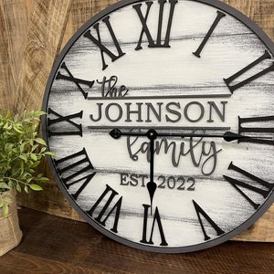 Rustic Family Name Wall Clock, Living Room Wall Clock, Shiplap Clock Decor, 20" or 24"D, Wood, Painted, Anniversary or Wedding Gift