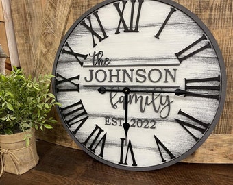 Rustic Family Name Wall Clock, Living Room Wall Clock, Shiplap Clock Decor, 20" or 24"D, Wood, Painted, Anniversary or Wedding Gift