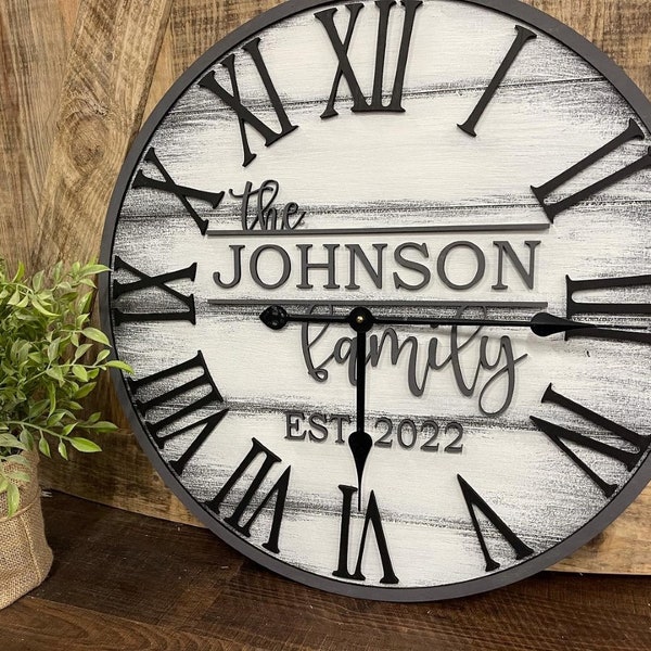 Rustic Family Name Wall Clock, Living Room Wall Clock, Shiplap Clock Decor, 20" or 24"D, Wood, Painted, Anniversary or Wedding Gift