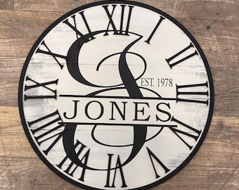 Rustic Family Name Wall Clock, Living Room Wall Clock, Shiplap Clock Decor, 20" or 24"D, Wood, Painted, Anniversary or Wedding Gift