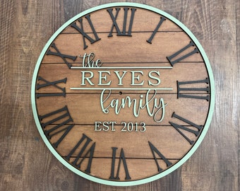 Rustic Family Name Wall Clock, Green Accented Wall Clock, Painted Wood Wall Clock, 20" or 24"D, Wood, Painted, Anniversary or Wedding Gift