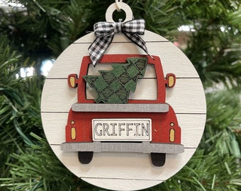 Custom Red Farm Truck Ornament, Personalized License Plate Ornament, Laser Cut, 3D Layered, Wood, Round, Shiplap,  Rustic, Buffalo Plaid Bow
