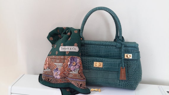 Designer vintage turquoise ladies handbag, real l… - image 1