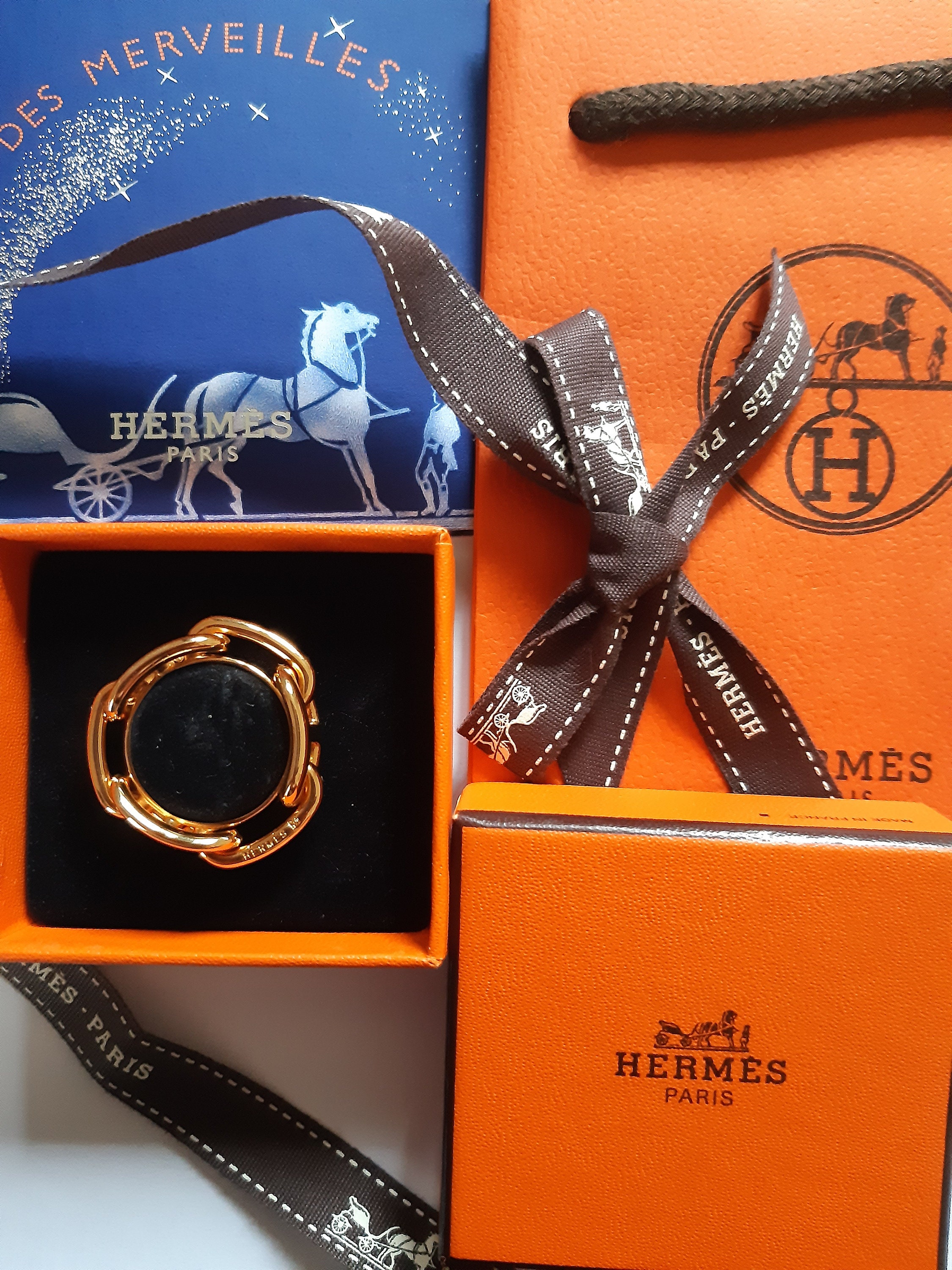 Hermes HERMES Scarf Ring H Logo Cadena Metal/Leather Gold x Orange
