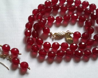 Lady In Red. Ruby necklace, 8mm 14K gold filled clasp and 14K GF earrings set. Ruby Anniversary gift