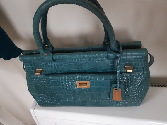 Designer vintage turquoise ladies handbag, real l… - image 6