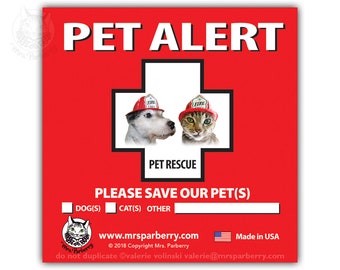 Pet Emergency Safety Decal, Pet Alert Decal, Fire Safety Decal, Save My Pet Decal, Fire And Safety Window Cling, In Case Of Emergency