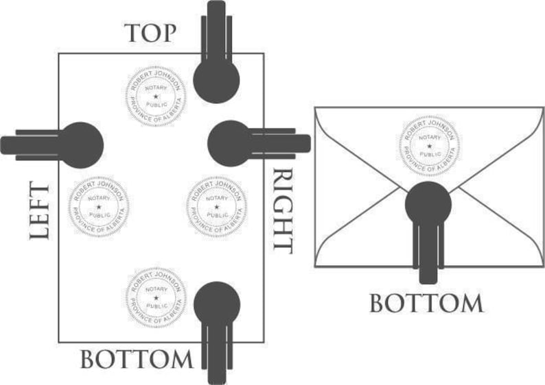 May include: A white envelope with a black wax seal on the bottom. The envelope is labeled "bottom" and has a black wax seal on each of the four corners. The corners are labeled "top", "left", "right", and "bottom". Each seal has a notary public stamp with the text "Robert Johnson, Notary Public, Province of Alberta".