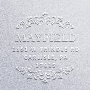 Sello en relieve personalizado, sello en relieve, sello en relieve con dirección, sello en relieve con dirección personalizada, sello en relieve, sello en relieve, sello en relieve personal, estilo MAYFIELD