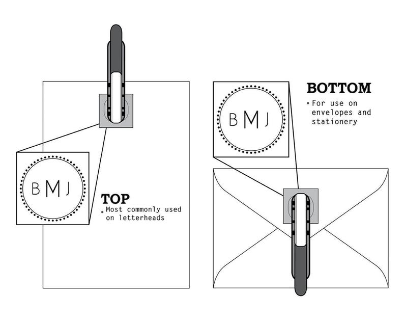 May include: A black and white illustration showing two ways to use a monogram stamp. The top shows the stamp on a letterhead with the text "BMJ TOP Most commonly used on letterheads". The bottom shows the stamp on an envelope with the text "BMJ BOTTOM For use on envelopes and stationery".