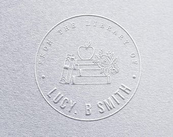 Sello de libro personalizado en relieve de la Biblioteca de, diseño de nombre personalizado para lectores y colecciones literarias. Sello de relieve Ex Libris.