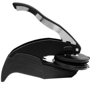 May include: A black self-inking stamp with a silver lever. The stamp has a round, black ink pad and a circular design on the top.