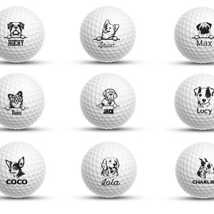 May include: Nine white golf balls with black outlines of dogs peeking over the top and their names printed below. The names are Rocky, Stuart, Max, Daisy, Jack, Lucy, Coco, Lola, and Charlie.
