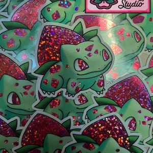 Strawberry Bulbasaur Pokemon Fan Art Pink Glitter Holographic Die Cut Sticker