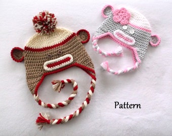 Crochet PATTERN Sock Monkey Baby Hat Pattern Baby Girl's Hat Baby Boy's Hat Pattern Earflap Baby Hat Crochet Baby Hat