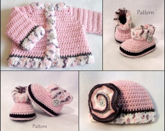 Crochet Baby PATTERN Pack Sweater Hat Booties Patterns The Laura Sweater Set Patterns Baby Sweater Pattern Baby Girl Layette
