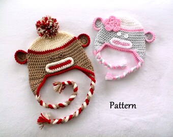 Crochet PATTERN Sock Monkey Baby Hat Pattern Baby Girl's Hat Baby Boy's Hat Pattern Earflap Baby Hat Crochet Baby Hat