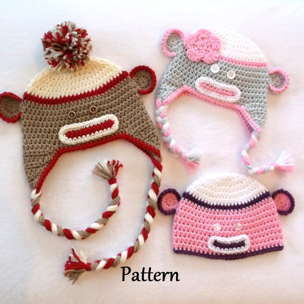 Crochet PATTERN Sock Monkey Baby Hat Pattern Baby Girl's Hat Baby Boy's Hat Pattern Earflap Baby Hat Crochet Baby Hat