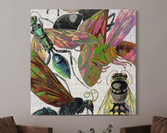 Colorful Nature Canvas Wall Art, Unique Abstract Winged Insect Wasp Art Print, Moody Garden Aesthetic Vintage Modern Big Living Room Artwork