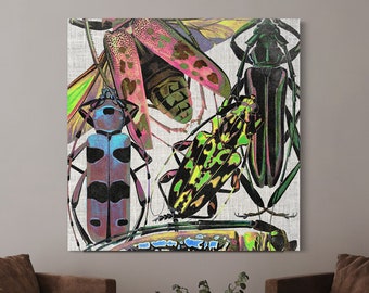 Vintage Modern Insect Artwork Colorful Abstract Pop Art Long Horn Beetle Print, Earthy Nature Wall Decor Big Vibrant Entomology Canvas Print