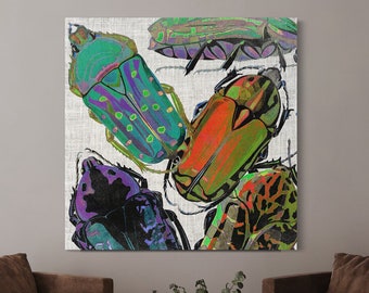 Vintage Modern Abstract Pop Art, Dung Beetle Insect Collage Colorful Nature Canvas Wall Decor, Large Print for Living Room, Bedroom, Office