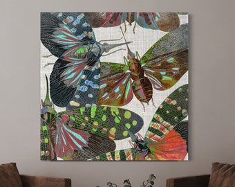 Colorful Contemporary Home Decor Wall Hanging, Vintage Modern Abstract Lanternfly Insect Entomology Art Canvas Print, Big Nature Lover Gift