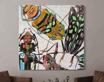 Vintage Modern Insect Artwork Colorful Abstract Insect Pop Art Beetle Print, Earthy Nature Wall Decor Big Vibrant Entomology Canvas Print